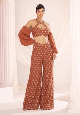 Light Brown Sequin Georgette Fusion Set