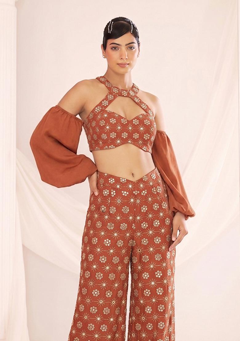 Light Brown Sequin Georgette Fusion Set - Indya