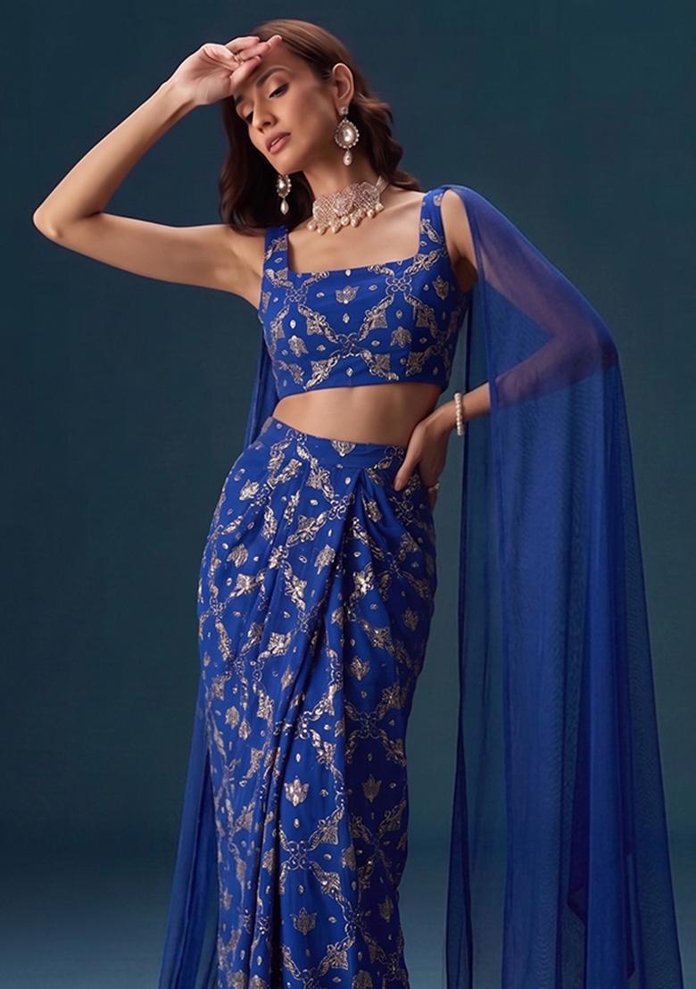 Dark Blue Embroidered Georgette Fusion Set - Indya