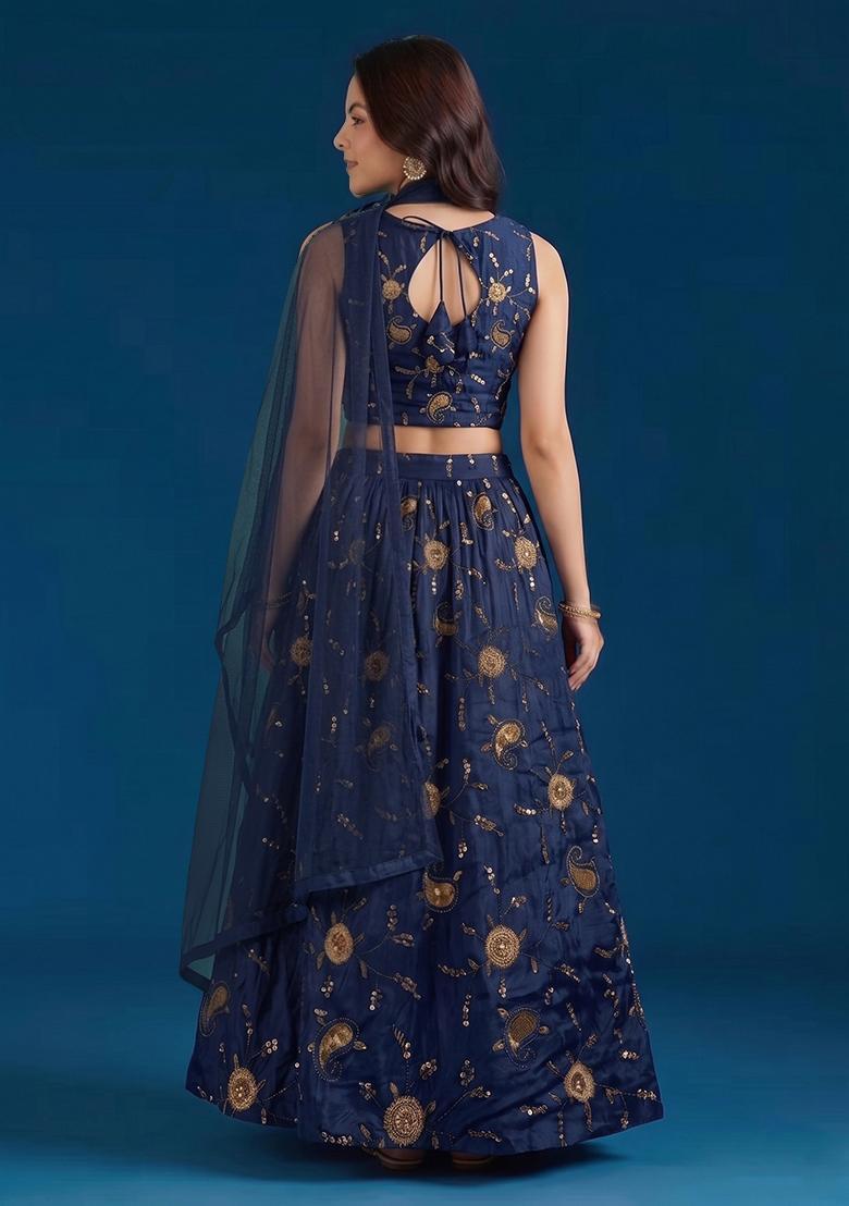 Navy Blue Embroidered Tissue Lehenga Set - Indya