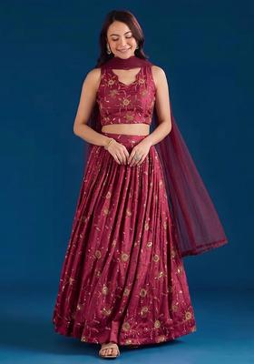 Rani Pink Embroidered Tissue Lehenga Set