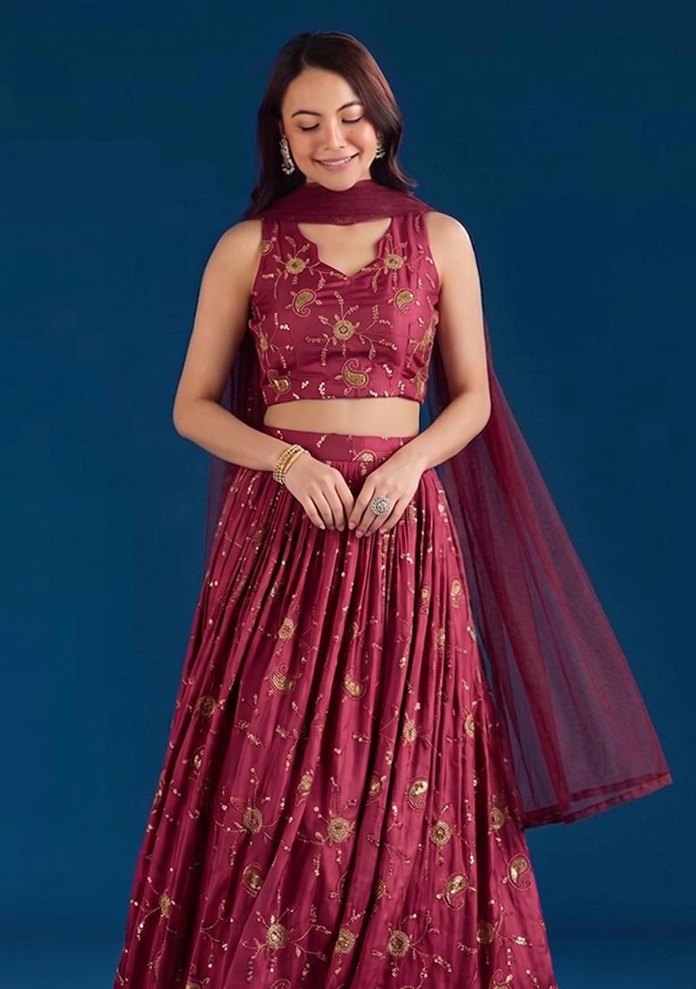 Rani Pink Embroidered Tissue Lehenga Set - Indya