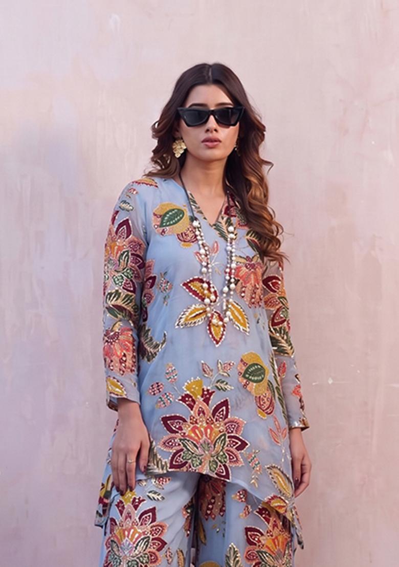 Dusty Blue Printed Organza Kurta Set - Indya