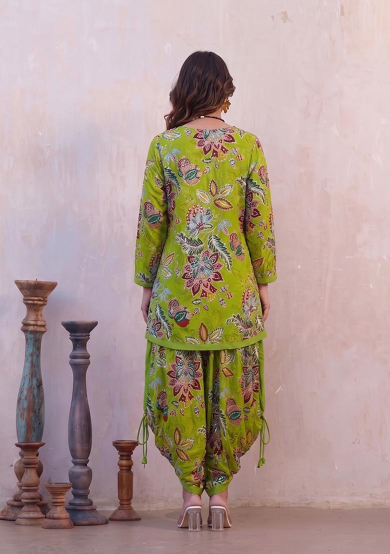 Light Green Printed Organza Kurta Set - Indya