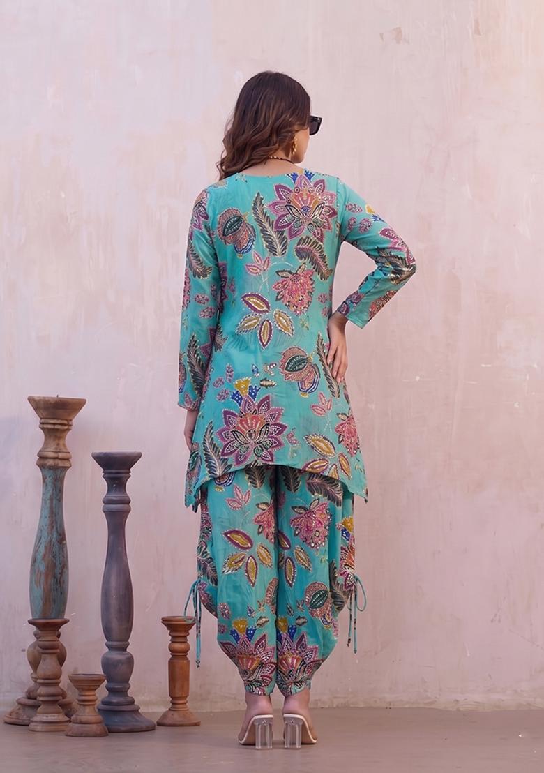 Light Blue Printed Organza Kurta Set - Indya