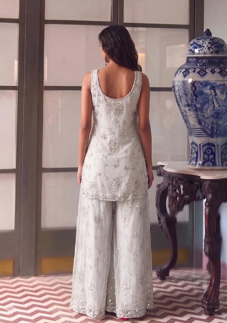 White Embroidered Silk Blend Sharara Set - Indya