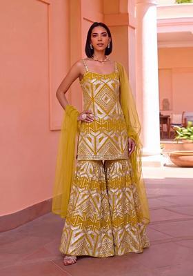 Yellow Embroidered Georgette Sharara Set