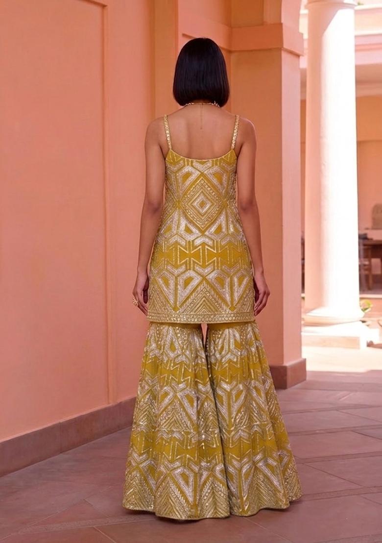 Yellow Embroidered Georgette Sharara Set - Indya