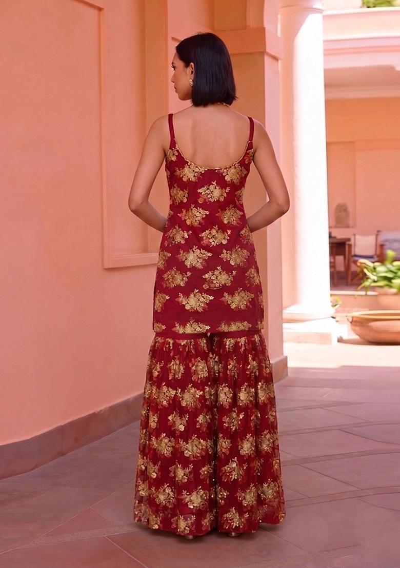 Red Embroidered Net Sharara Set - Indya