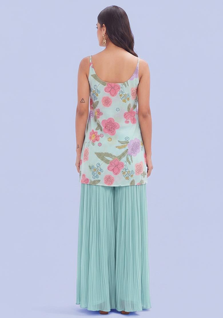 Light Blue Printed Chanderi Sharara Set - Indya