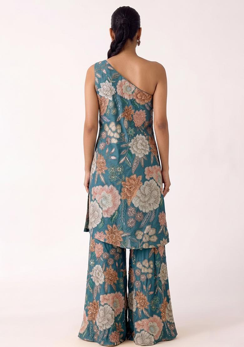 Blue Printed Chinon Sharara Set - Indya