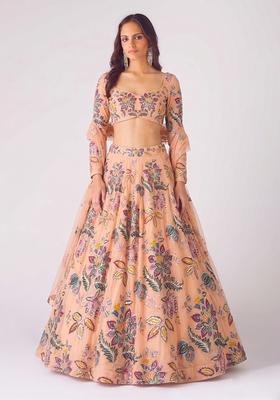 Light Peach Printed Organza Lehenga Set
