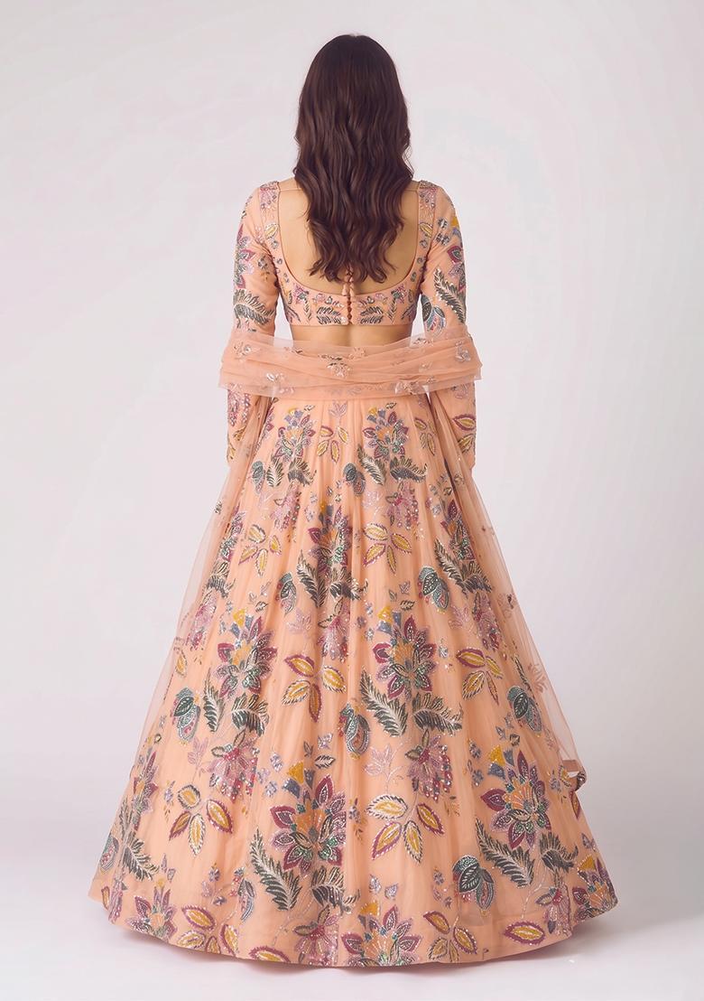 Light Peach Printed Organza Lehenga Set - Indya