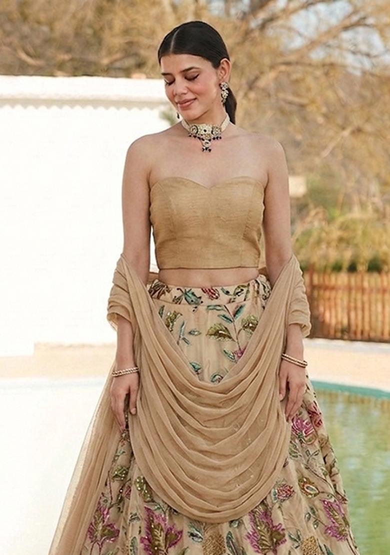 Beige Embroidered Organza Lehenga Set - Indya
