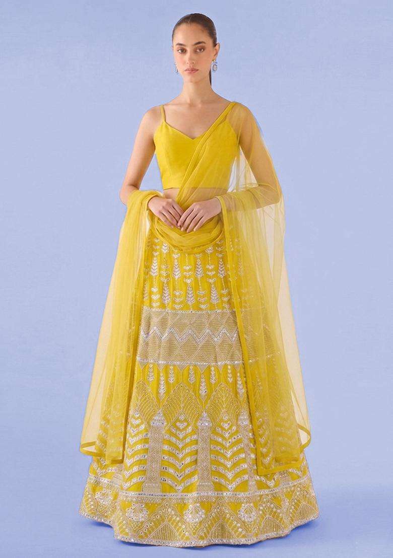 Yellow Mirror Work Georgette Lehenga Set - Indya