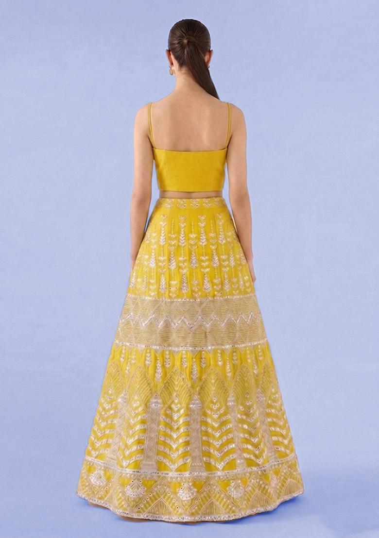 Yellow Mirror Work Georgette Lehenga Set - Indya