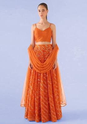 Orange Embroidered Georgette Lehenga Set