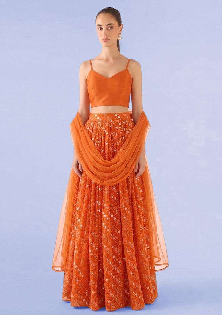 Orange Embroidered Georgette Lehenga Set - Indya