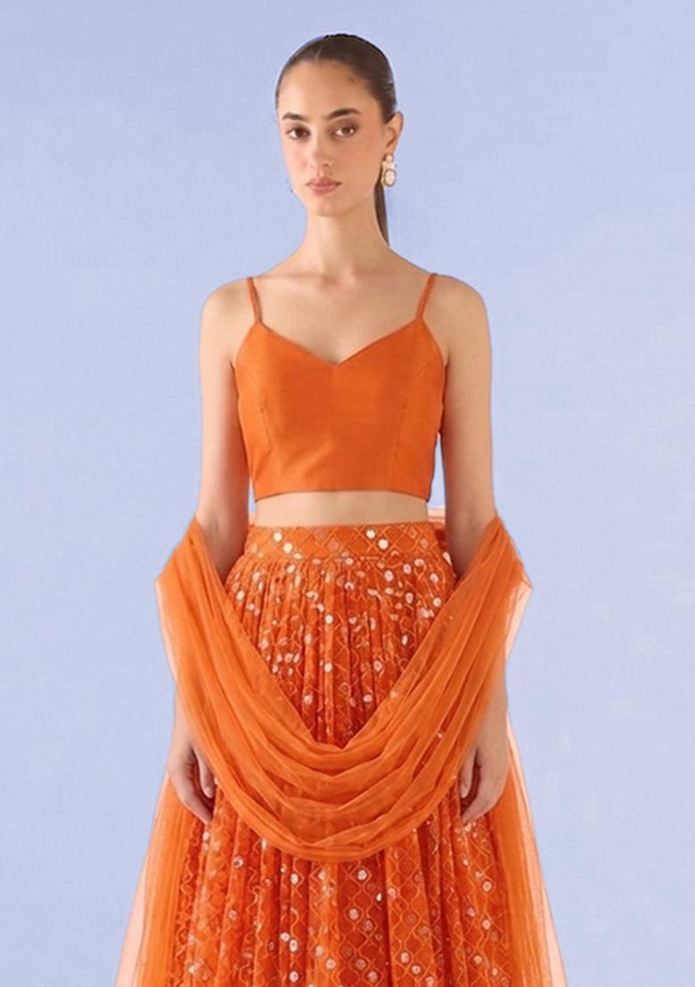Orange Embroidered Georgette Lehenga Set - Indya