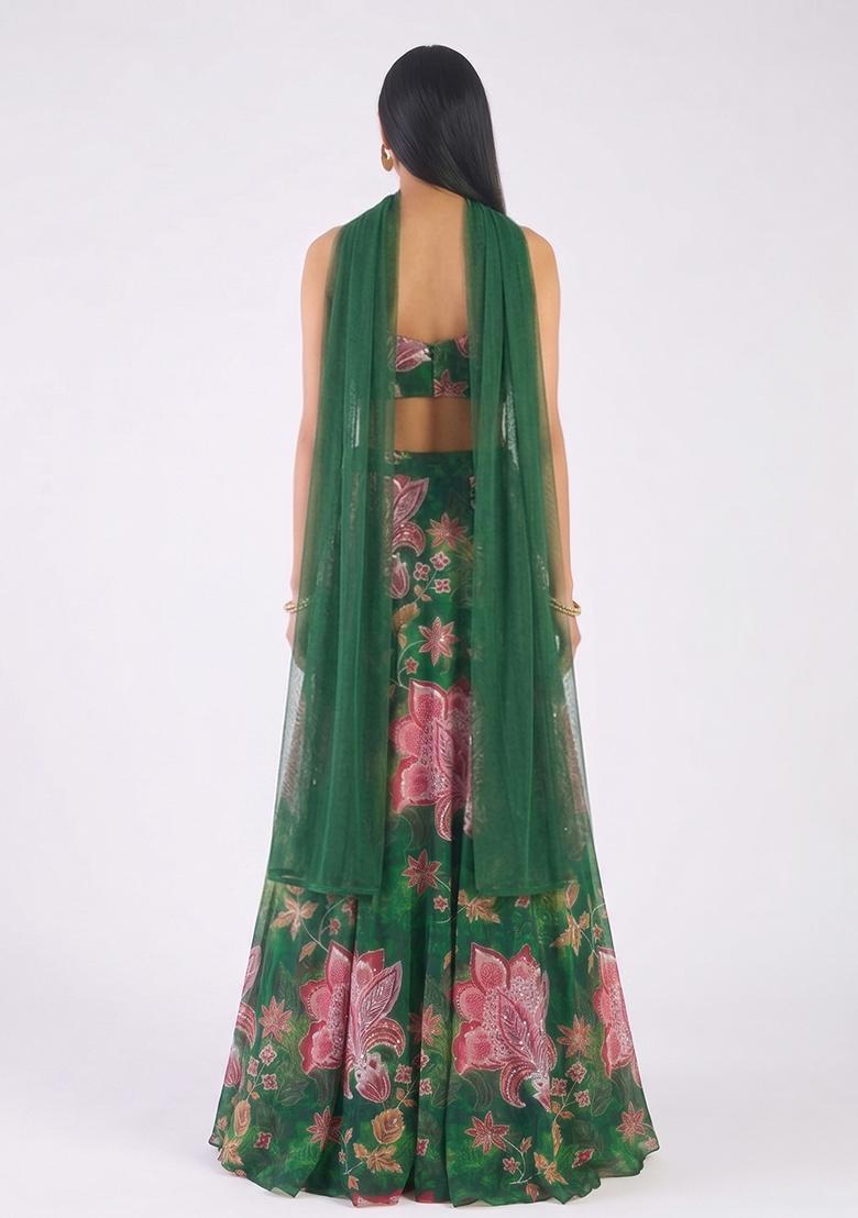 Dark Green Sequin Tissue Lehenga Set - Indya