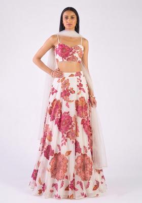Off White Printed Organza Lehenga Set