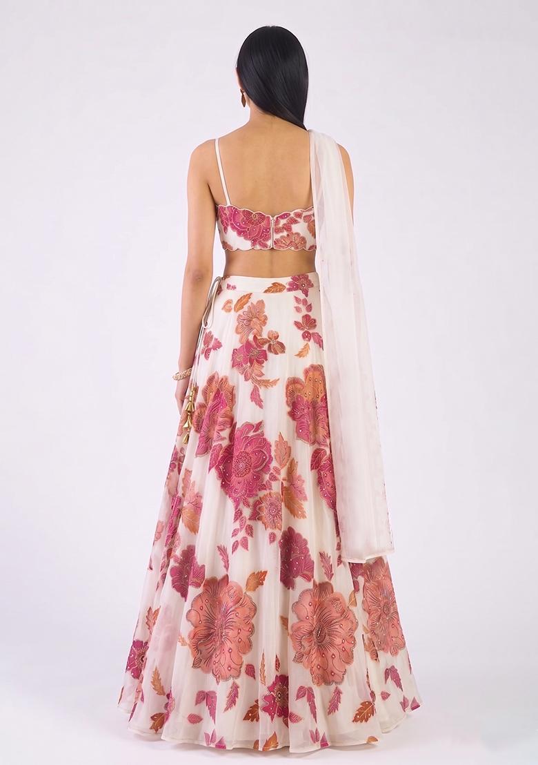 Off White Printed Organza Lehenga Set - Indya