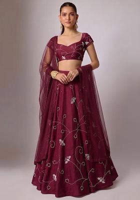 Maroon Embroidered Chanderi Lehenga Set