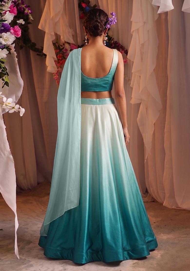 Blue Solid Satin Lehenga Set - Indya
