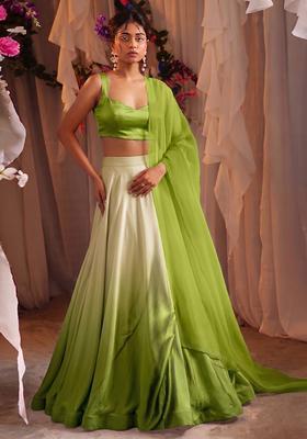 Green Solid Satin Lehenga Set
