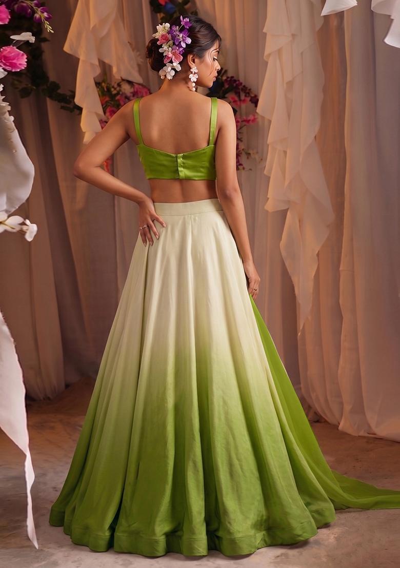 Green Solid Satin Lehenga Set - Indya