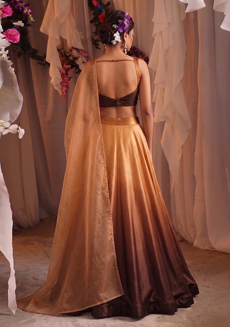 Brown Solid Satin Lehenga Set - Indya