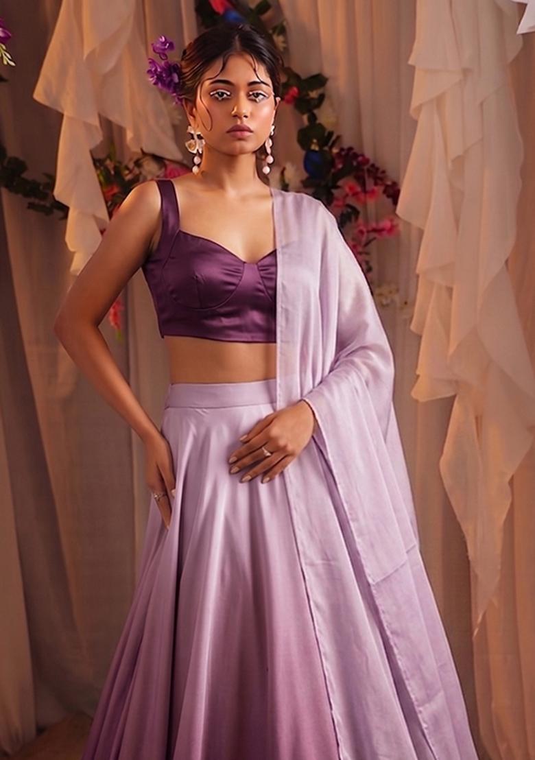 Purple Solid Satin Lehenga Set - Indya