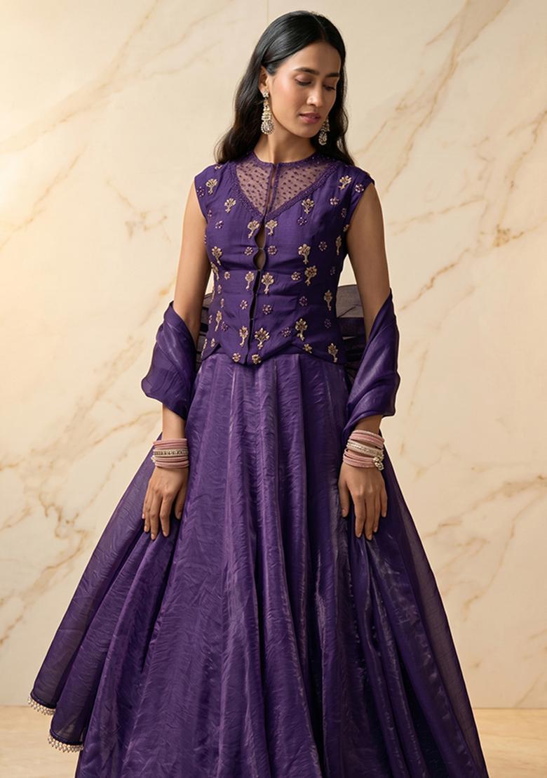 Dark Purple Embroidered Handwork Lehenga Set - Indya