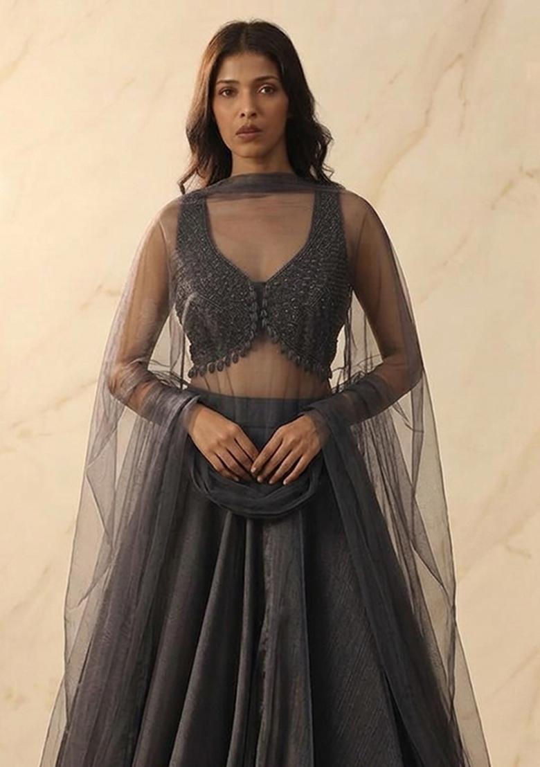 Grey Embroidered Handwork Lehenga Set - Indya