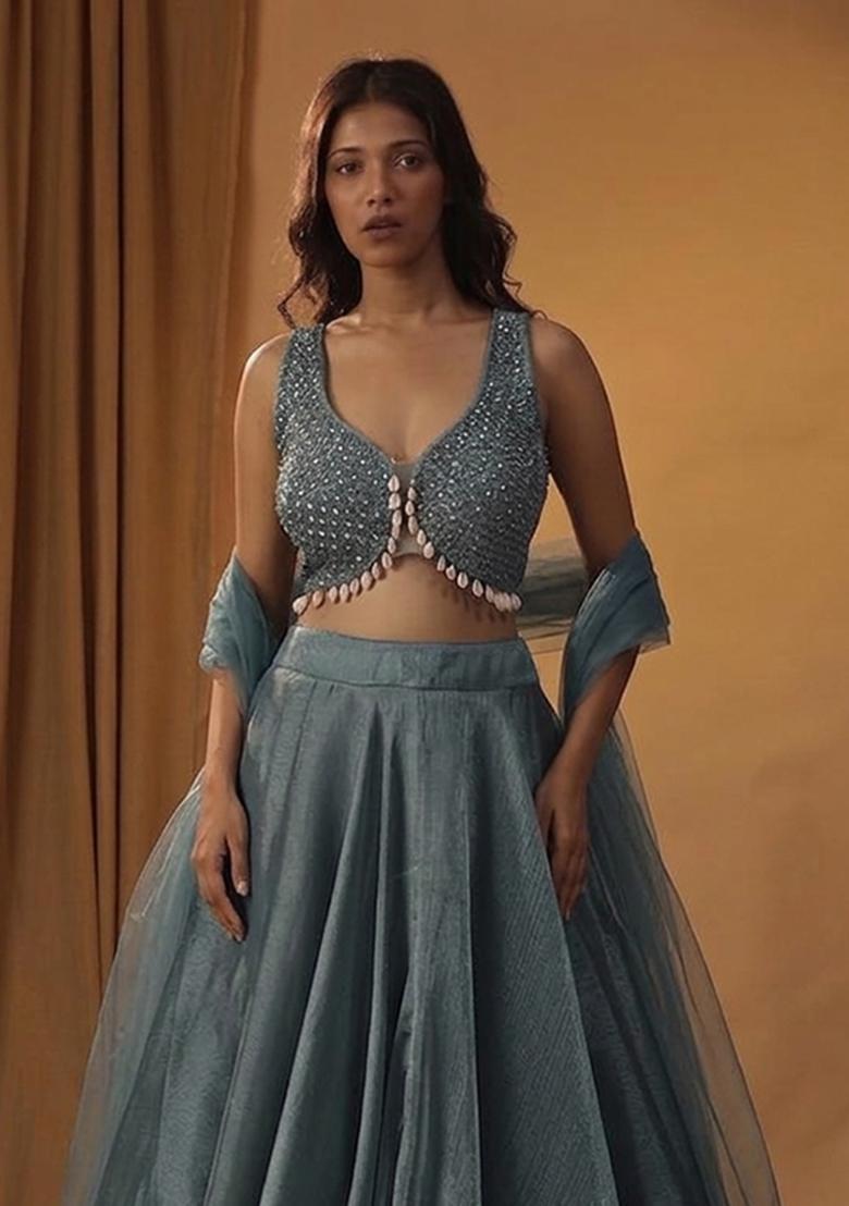 Blue Embroidered Handwork Lehenga Set - Indya