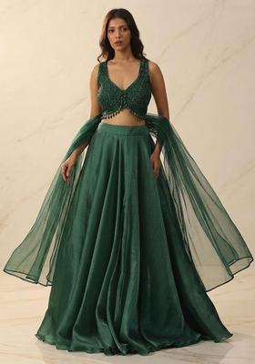 Dark Green Embroidered Handwork Lehenga Set