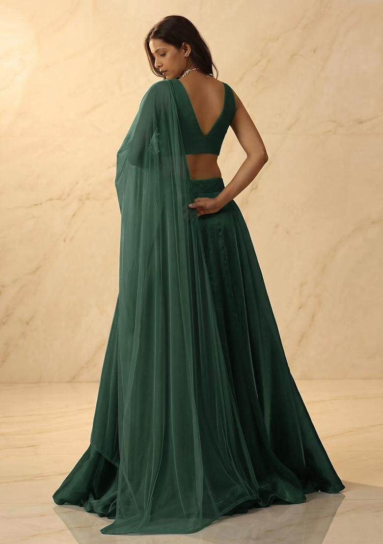 Dark Green Embroidered Handwork Lehenga Set - Indya