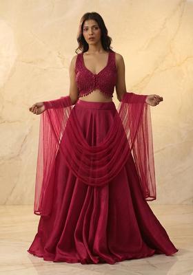 Dark Pink Embroidered Handwork Lehenga Set