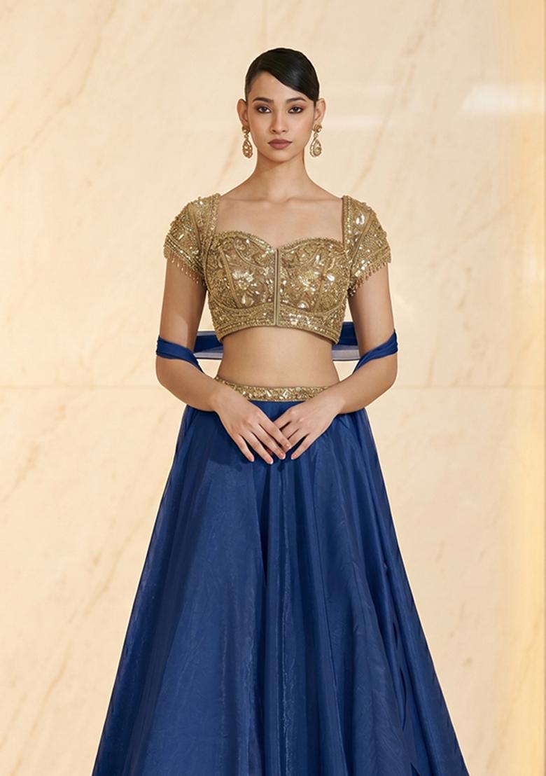Navy Blue Embroidered Handwork Lehenga Set - Indya