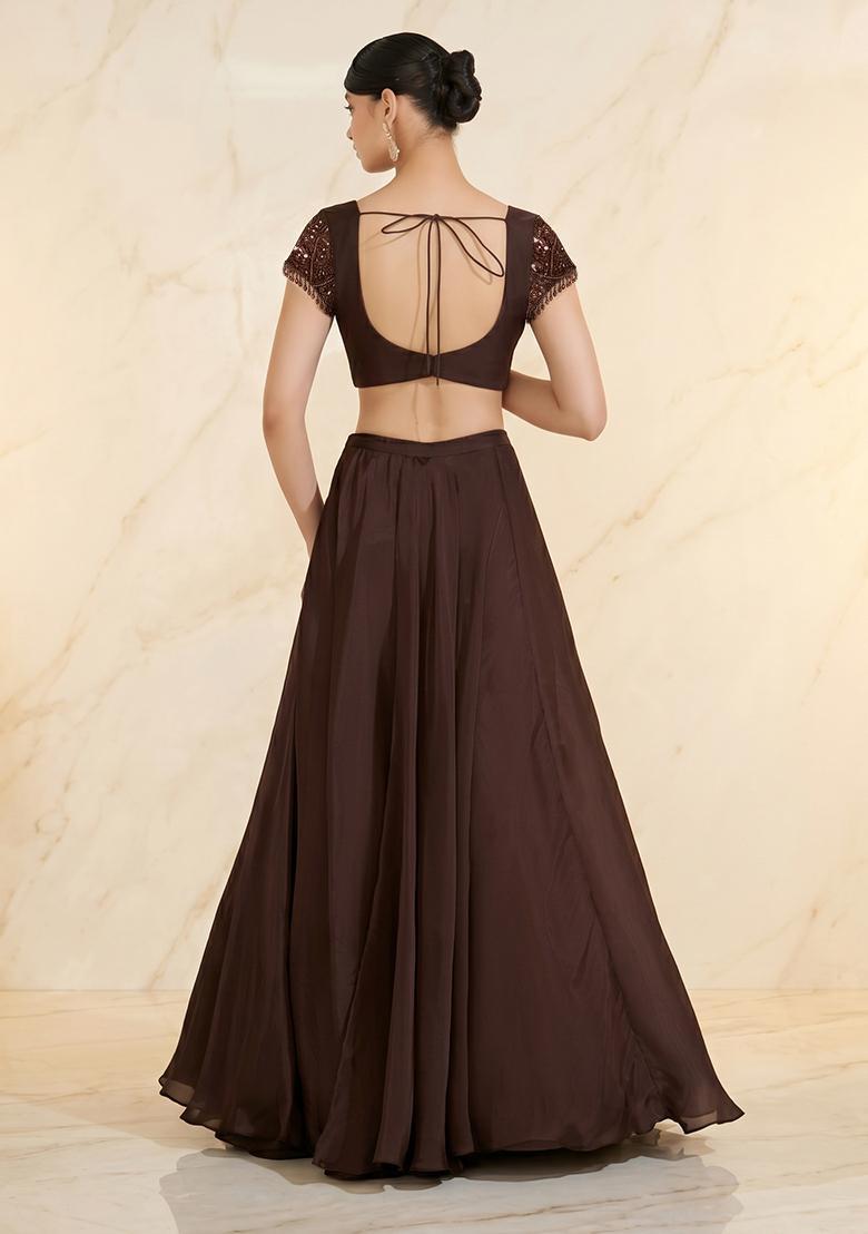 Brown Embroidered Handwork Lehenga Set - Indya