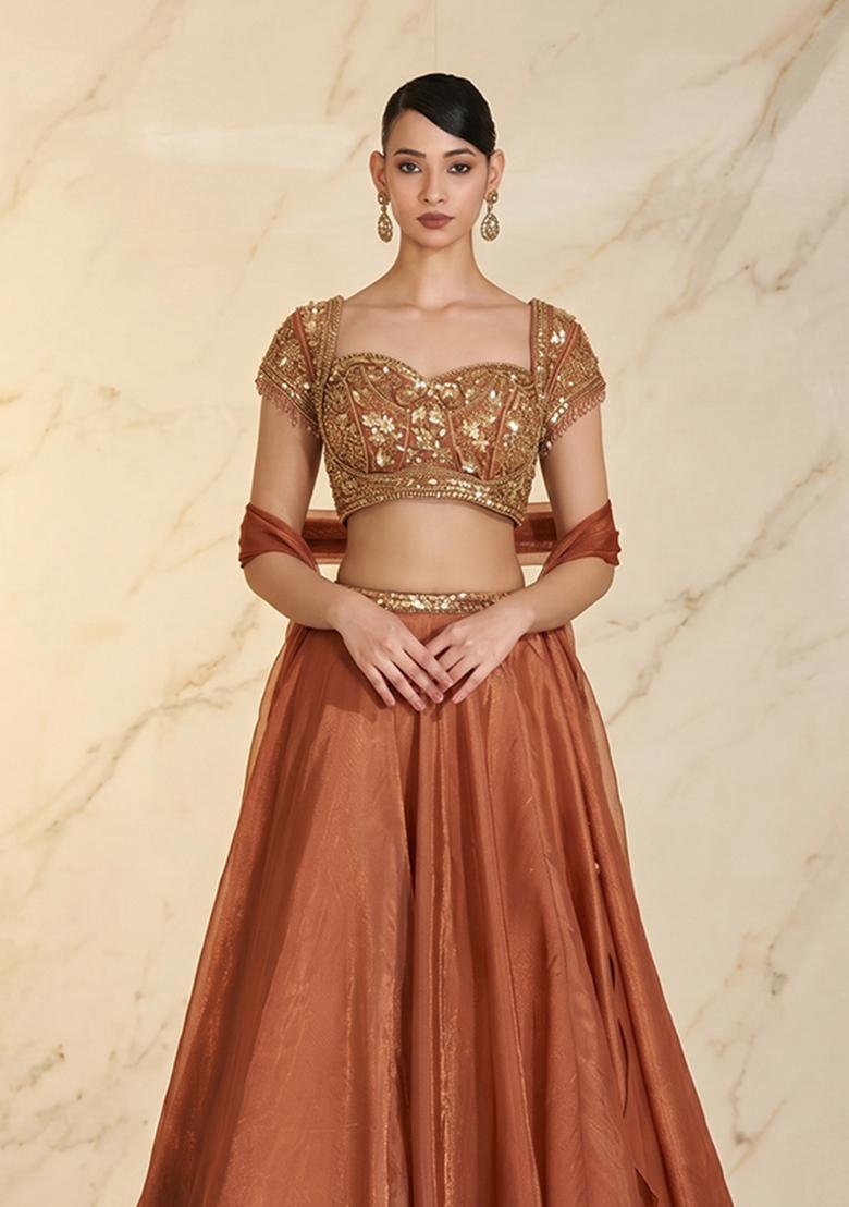 Rust Embroidered Handwork Lehenga Set - Indya