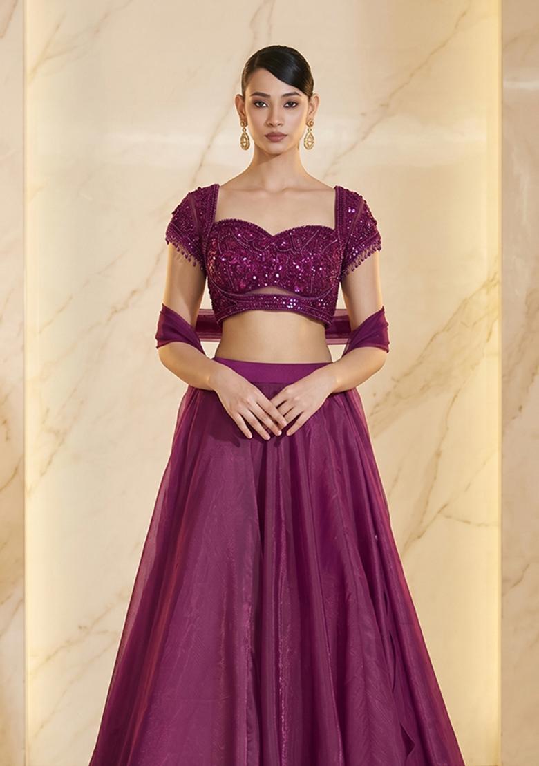 Magenta Embroidered Handwork Lehenga Set - Indya