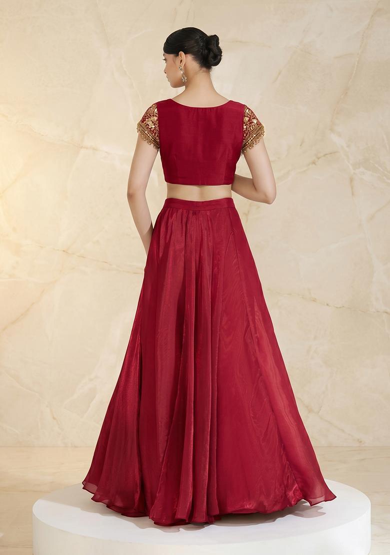 Red Embroidered Handwork Lehenga Set - Indya