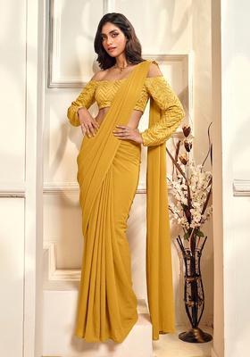 Yellow Embroidered Silk Blend Pre Draped Saree Set
