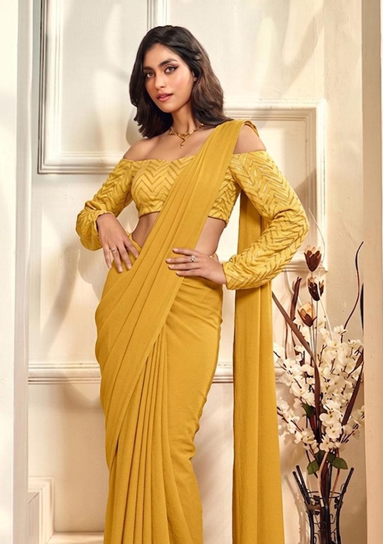 Yellow Embroidered Silk Blend Pre Draped Saree Set - Indya