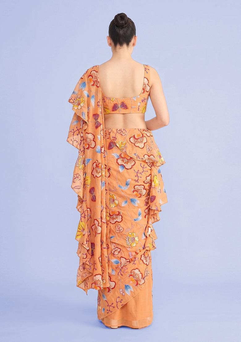 Peach Printed Chinon Pre Draped Saree Set - Indya