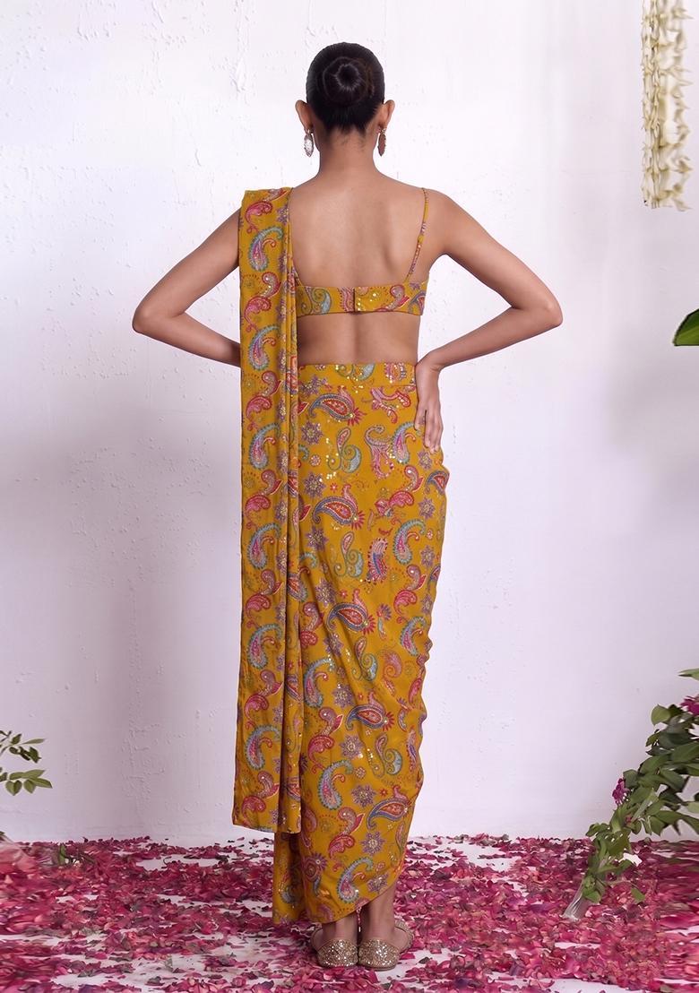 Mustard Yellow Sequin Crepe Pre Draped Saree Set - Indya