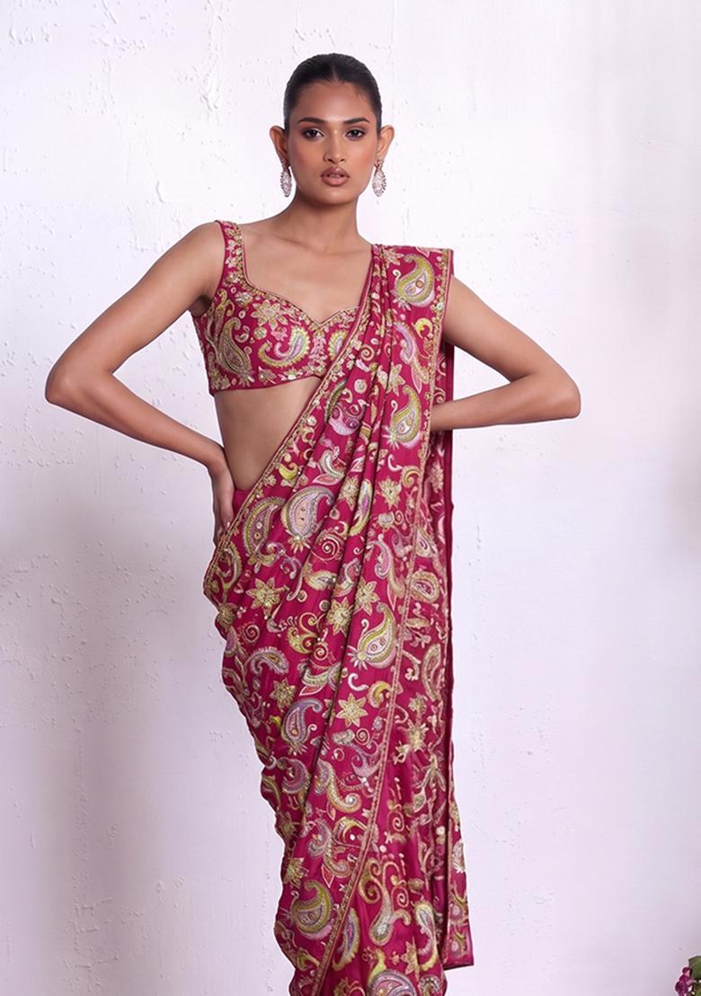 Rani Pink Sequin Crepe Pre Draped Saree Set - Indya