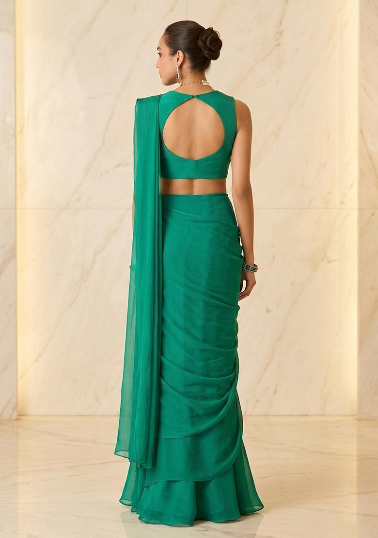 Emerald Green Embroidered Handwork Pre Draped Saree Set - Indya