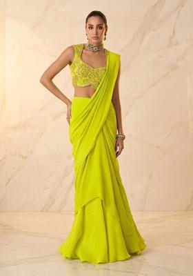 Neon Green Embroidered Handwork Pre Draped Saree Set